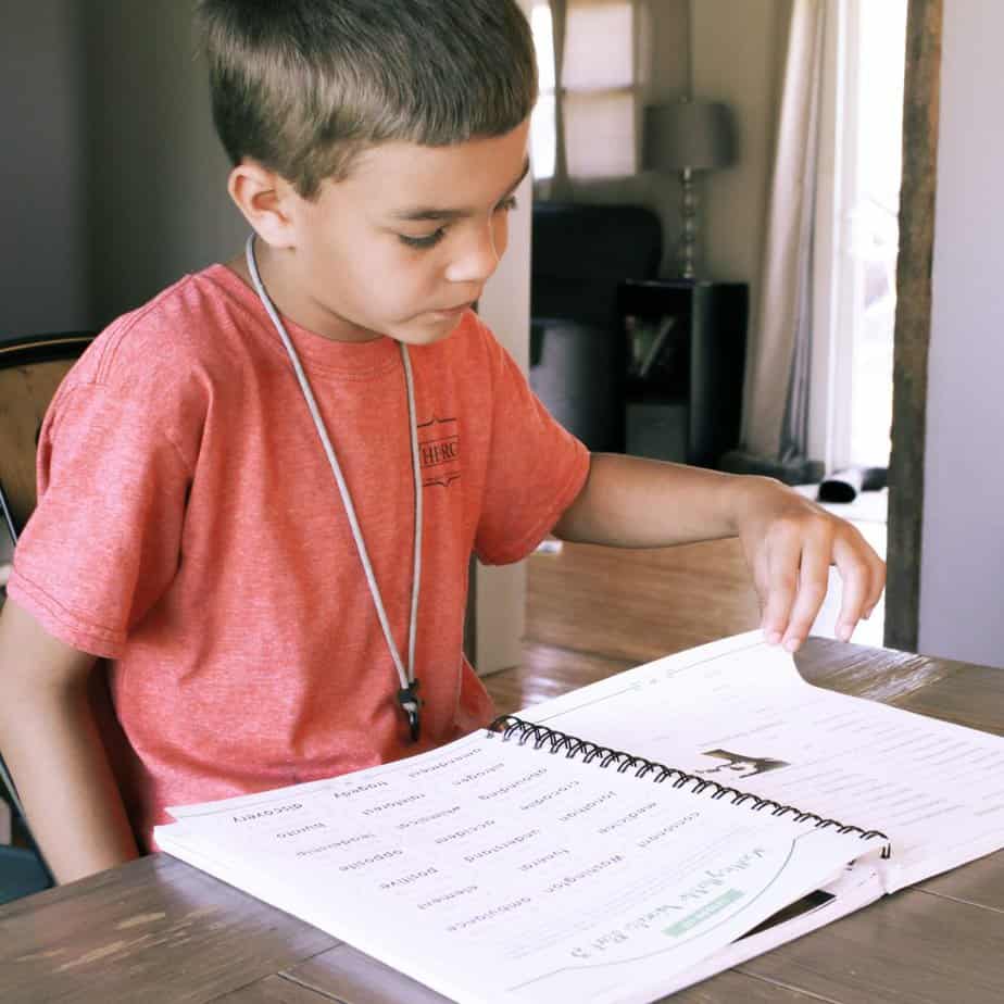 child looking at homeschool curriculum at dining table