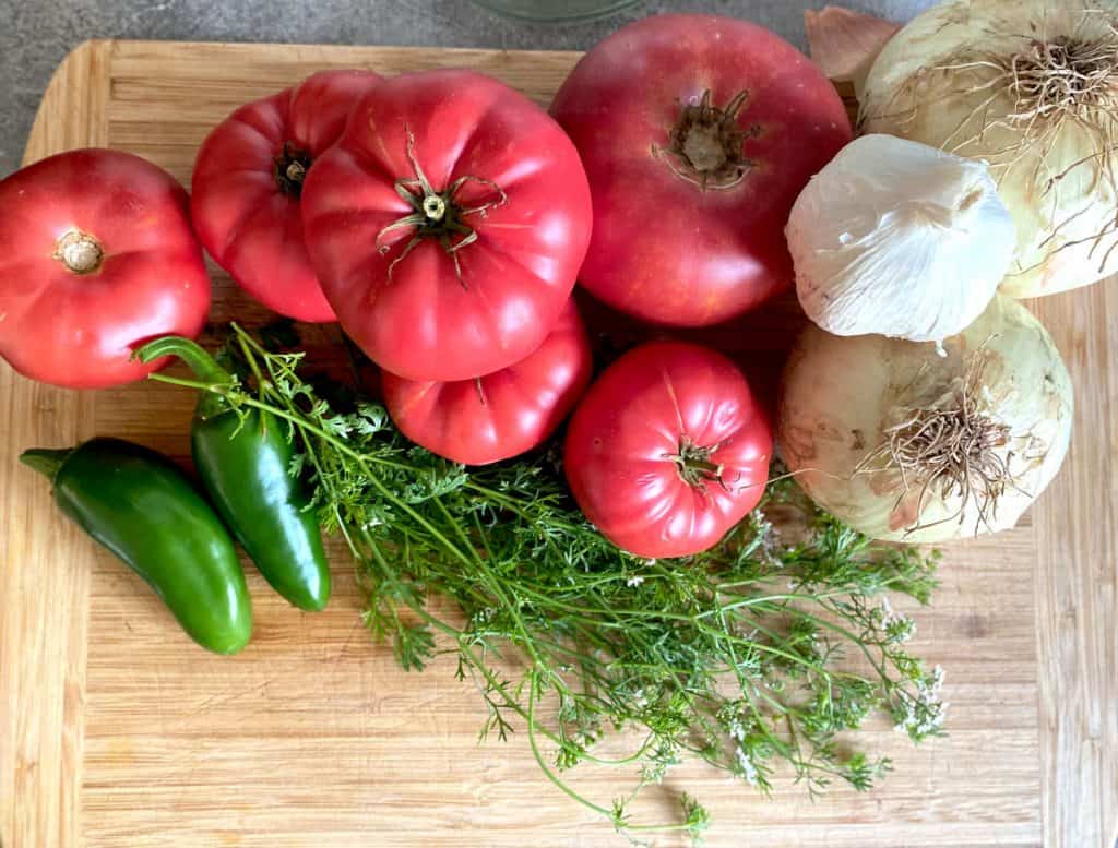 fresh tomatoes, jalapenos, cilantro, onion, and garlic on cutting board