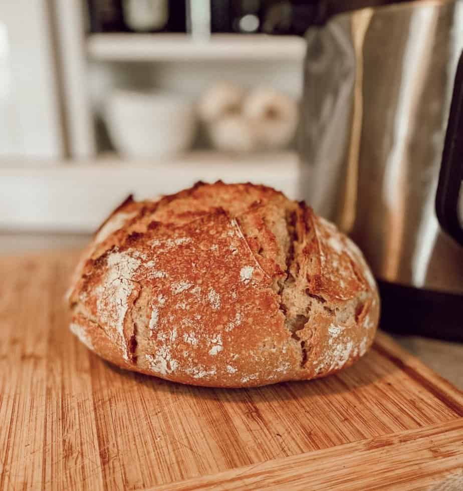 rustic sourdough bread recipe loaf on wooden cutting board