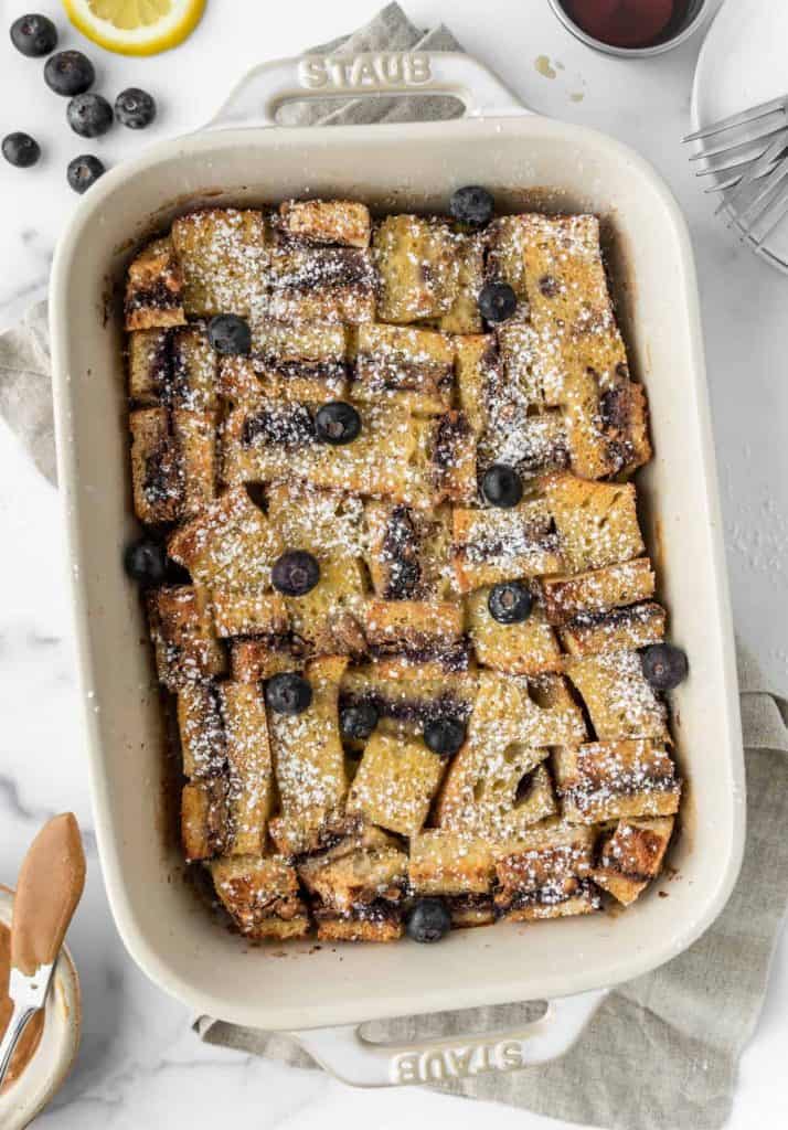 peanut butter and jelly french toast casserole in dish