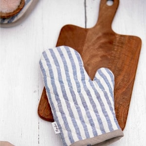 blue and white striped linen oven mitt
