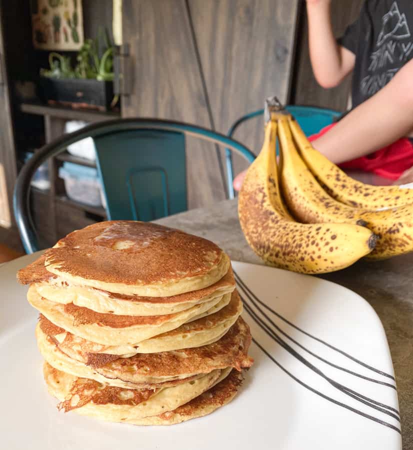 stack of sourdough banana pancakes on plate