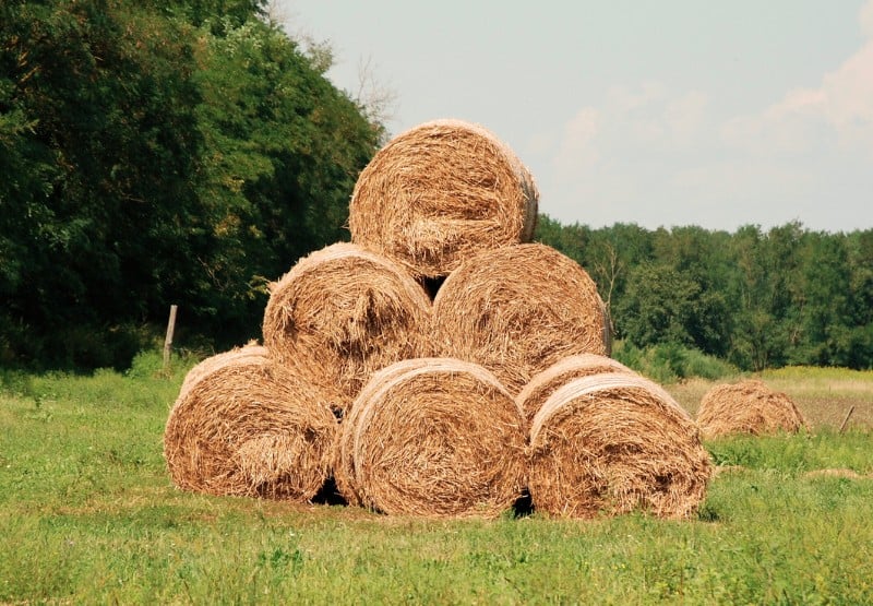 pyramid stack of round hay bales