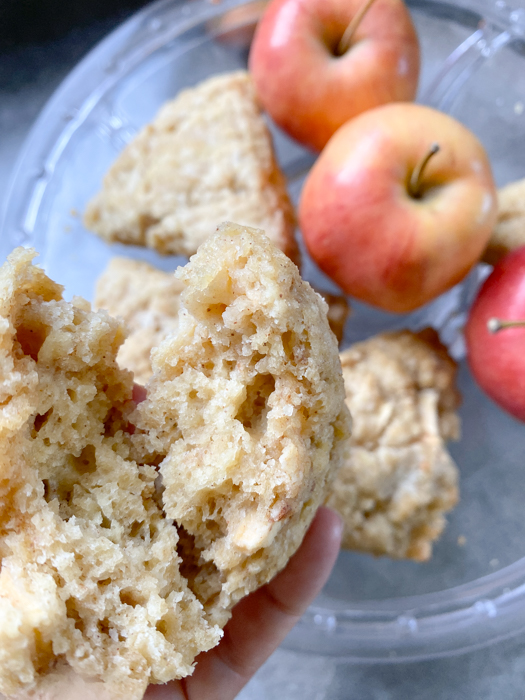 Apple cinnamon sourdough einkorn scone broken in half with apples and more scones in the background.