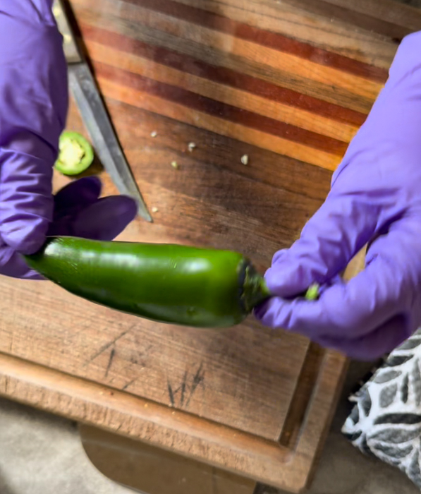 Gloved hands holding a jalapeño